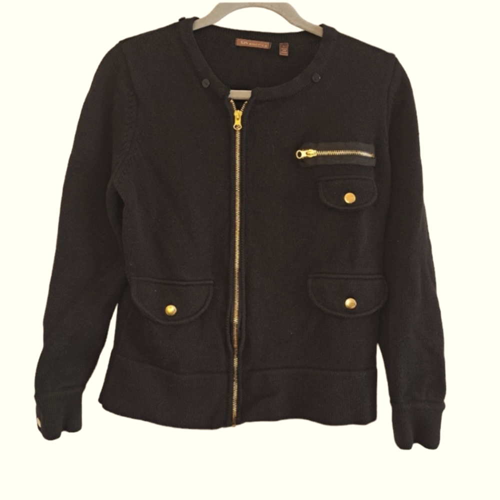 525 America Black Zip Up Sweater Jacket Gold Buttons and Zippers Size Large